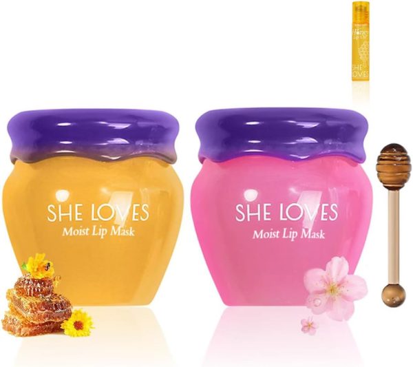 2PCS Lip Mask Overnight, Honey&Sakura Day and Night Repair Sleeping Lip Balm, Fade Lip Lines Bee Balm, Hydrating &Prevention Dry and Crack Lip Scrubs Exfoliator