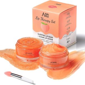 ANAI RUI Lip Balm Mask & Lip Scrub Set, Lip Care Kit, Overnight Lip Treatment with Lip Sleeping Mask & Sugar Lip Exfoliator Scrub, Lip Moisturizer for Dry, Chapped, Dark Lips, Reduce Fine Lines, Peach