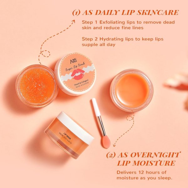 ANAI RUI Lip Balm Mask & Lip Scrub Set, Lip Care Kit, Overnight Lip Treatment with Lip Sleeping Mask & Sugar Lip Exfoliator Scrub, Lip Moisturizer for Dry, Chapped, Dark Lips, Reduce Fine Lines, Peach - Image 7