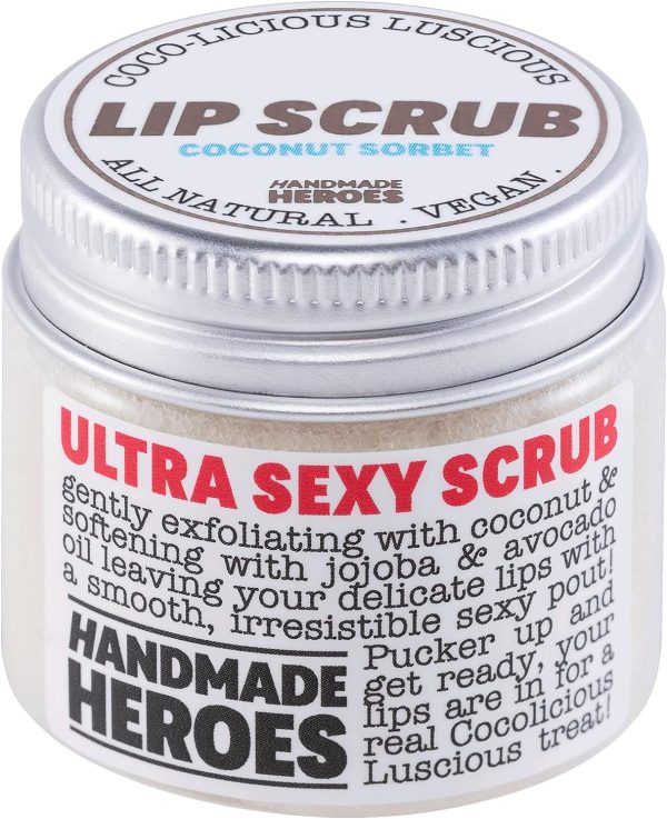 Handmade Heroes 100% Natural Lip Scrub, Vegan Conditioning Coconut Exfoliator - Gentle Exfoliant, Sugar Polish and Scrubber for Chapped Dry Lips, 1oz (Coconut Sorbet)